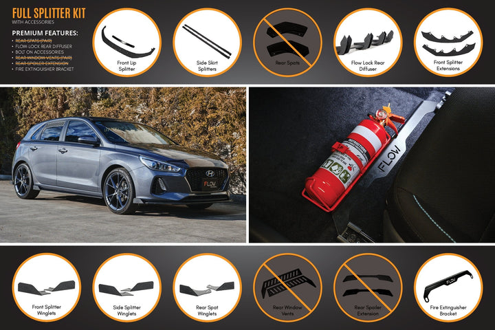 Flow Designs Hyundai i30 Hatch PD1, PD2 (2018-2020) Full Lip Splitter Set with Flow-Lock Rear Diffuser