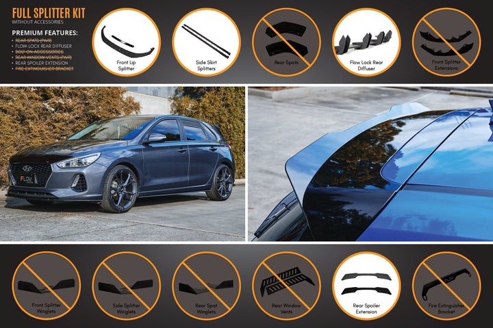 Flow Designs Hyundai i30 Hatch PD1, PD2 (2018-2020) Full Lip Splitter Set with Flow-Lock Rear Diffuser