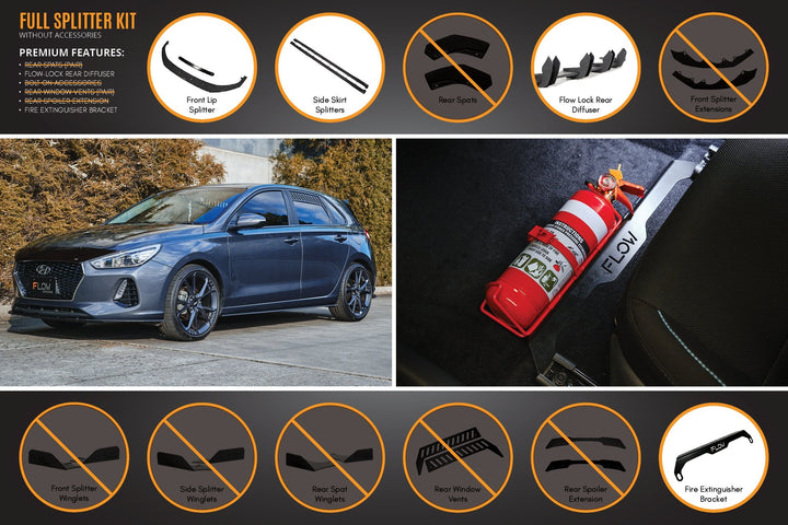 Flow Designs Hyundai i30 Hatch PD1, PD2 (2018-2020) Full Lip Splitter Set with Flow-Lock Rear Diffuser