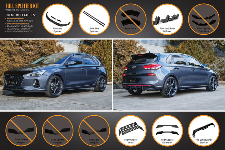 Flow Designs Hyundai i30 Hatch PD1, PD2 (2018-2020) Full Lip Splitter Set with Flow-Lock Rear Diffuser