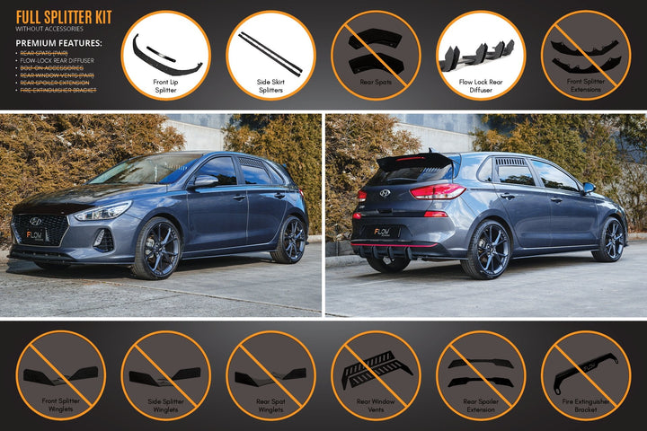 Flow Designs Hyundai i30 Hatch PD1, PD2 (2018-2020) Full Lip Splitter Set with Flow-Lock Rear Diffuser