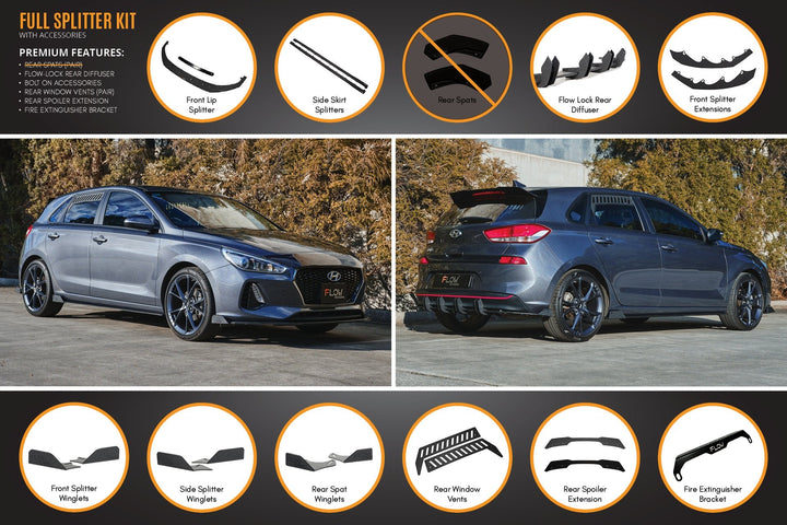 Flow Designs i30 Hatch PD1, PD2 (2018-2020) Full Lip Splitter Set with Flow-Lock Rear Diffuser [GLOSS BLACK]