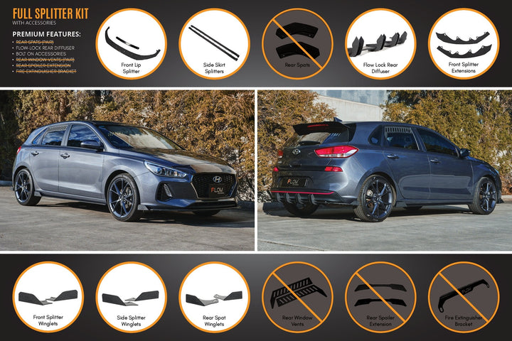 Flow Designs i30 Hatch PD1, PD2 (2018-2020) Full Lip Splitter Set with Flow-Lock Rear Diffuser [GLOSS BLACK]