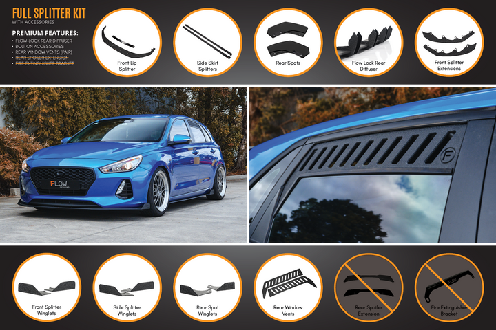 Flow Designs i30 SR Hatch (2017-2018) Full Lip Splitter Set [GLOSS BLACK]