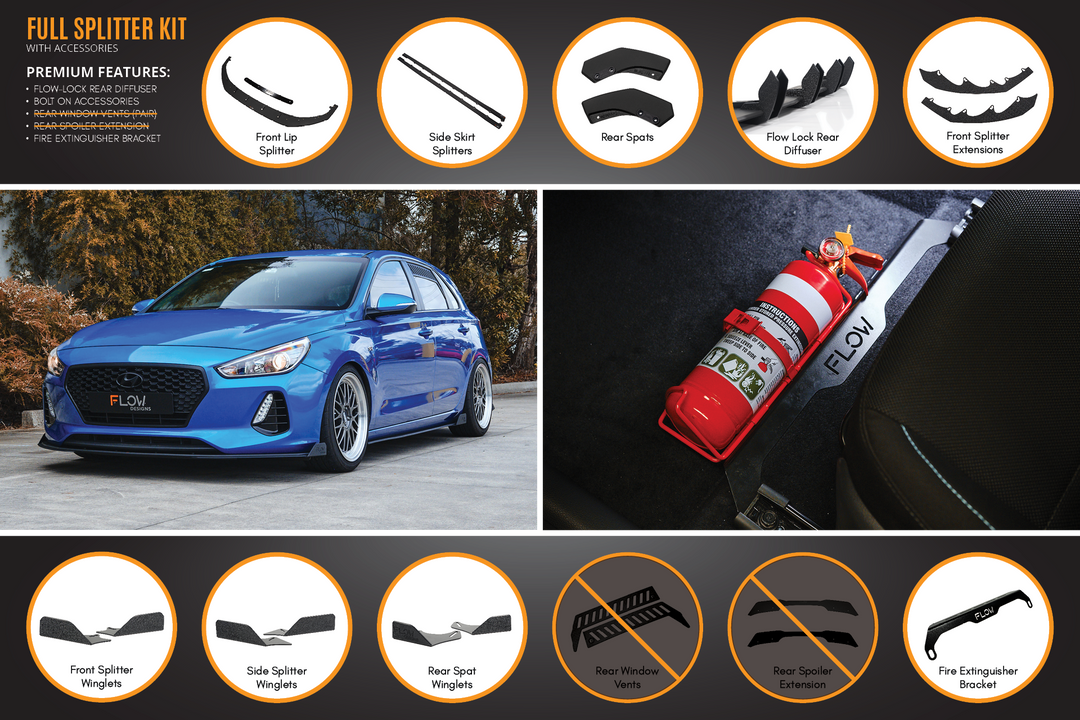 Flow Designs i30 SR Hatch (2017-2018) Full Lip Splitter Set [GLOSS BLACK]