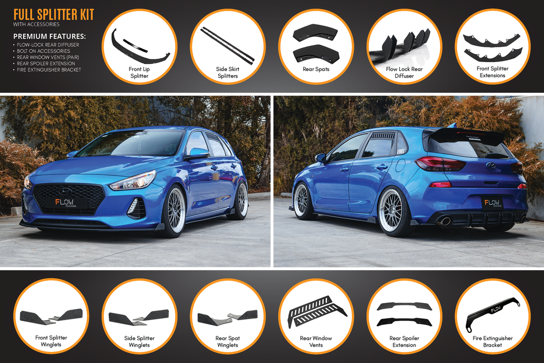 Flow Designs i30 SR Hatch (2017-2018) Full Lip Splitter Set [GLOSS BLACK]