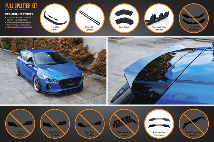 Flow Designs i30 SR Hatch (2017-2018) Full Lip Splitter Set [GLOSS BLACK]