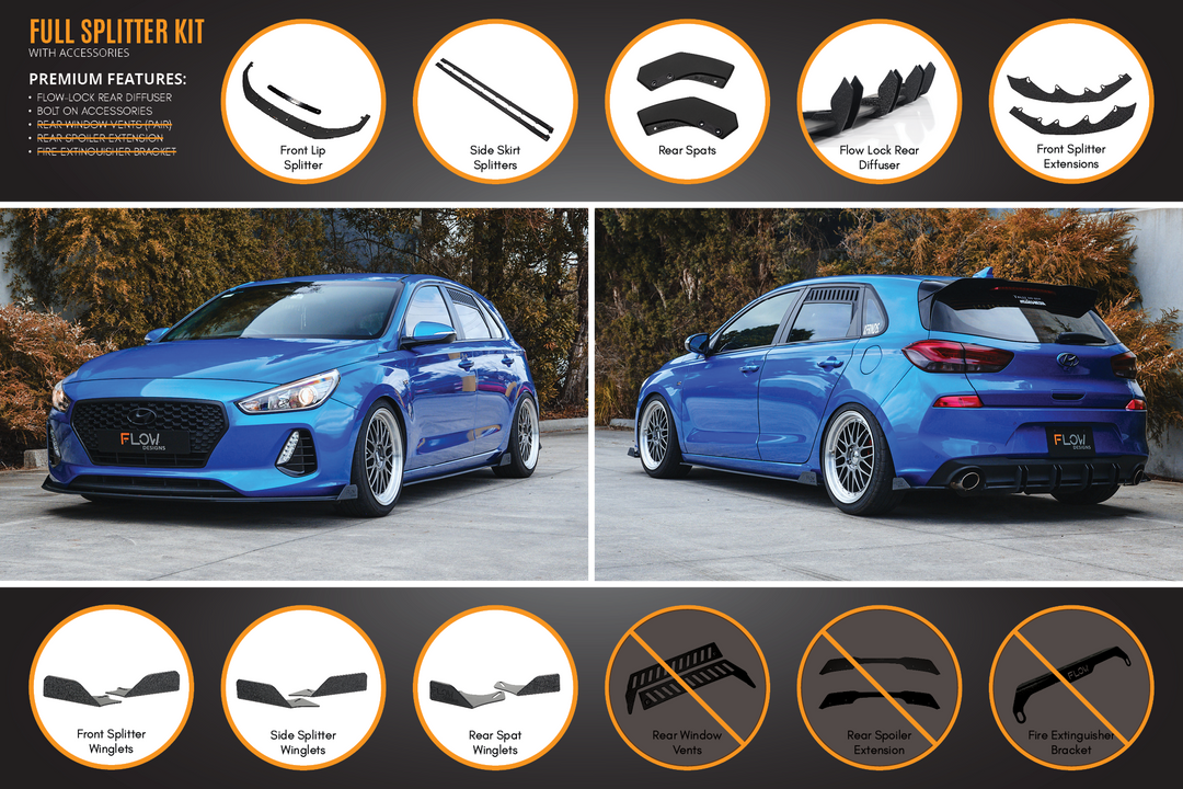 Flow Designs i30 SR Hatch (2017-2018) Full Lip Splitter Set [GLOSS BLACK]