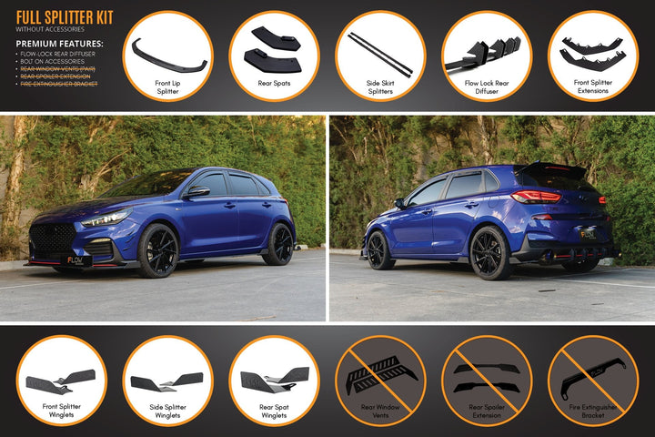 Flow Designs i30 N Line Hatch PD (2018+) Full Splitter Lip Set [GLOSS BLACK]