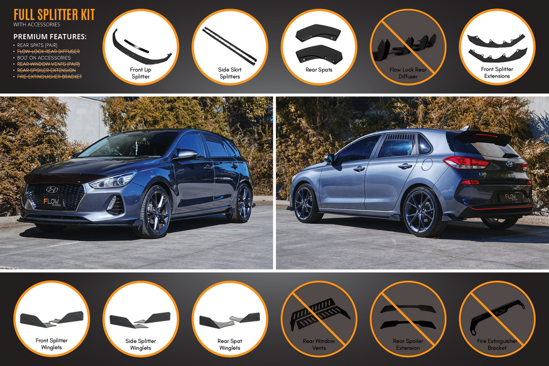 Flow Designs i30 Hatch PD1, PD2 (2018-2020) Full Lip Splitter Set with Rear Spats [GLOSS BLACK] - Pair