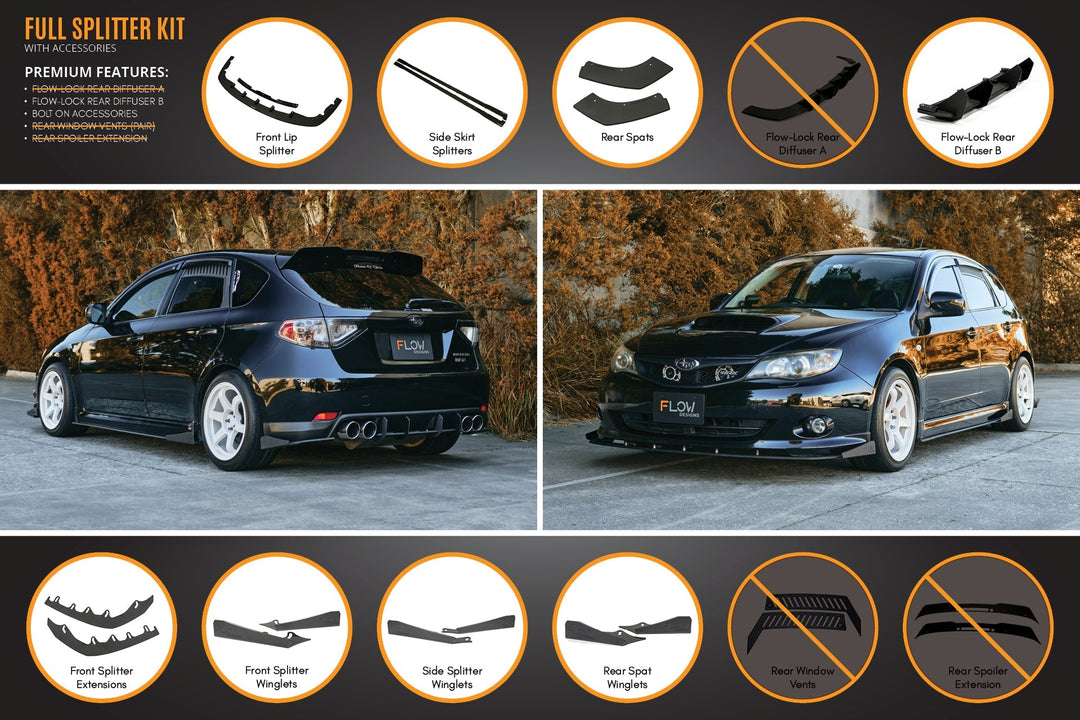 Flow Designs Full Lip Splitter Set For 2007-2010 Impreza G3 WRX/RS Hatch Narrow Body