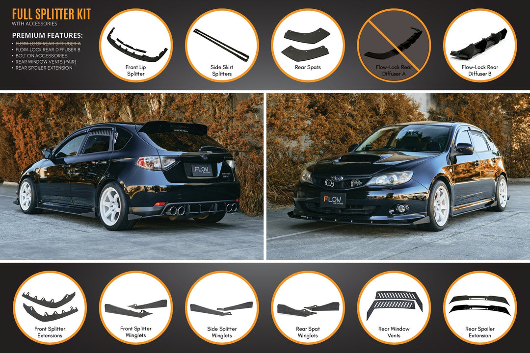 Flow Designs Full Lip Splitter Set For 2007-2010 Impreza G3 WRX/RS Hatch Narrow Body