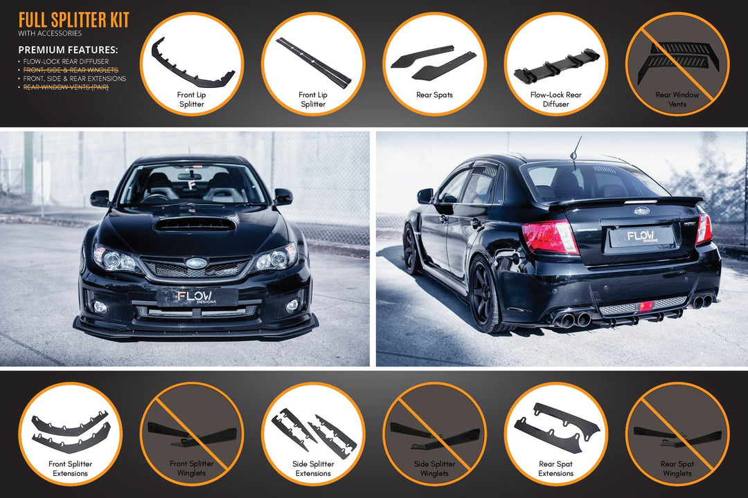 Flow Designs Full Lip Splitter Set For 2011-2013 Impreza G3 WRX/STI Sedan Wide Body